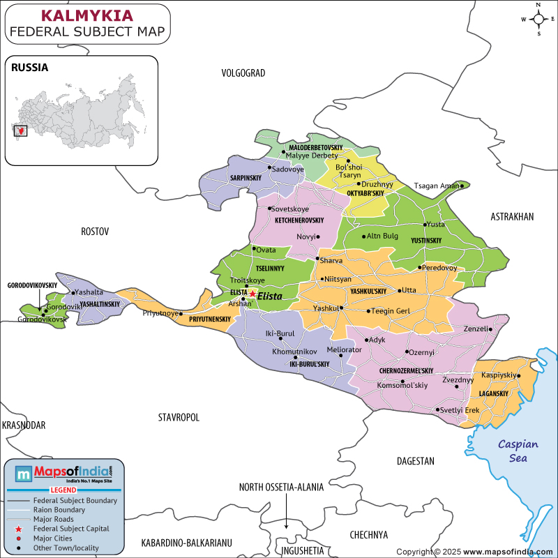 Kalmykia map showing location, boundaries, major cities and geographical features of the Republic of Kalmykia in Russia