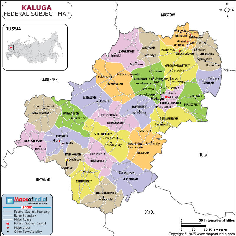 Kaluga map showing location, boundaries, major cities and geographical features of the Republic of Kaluga in Russia