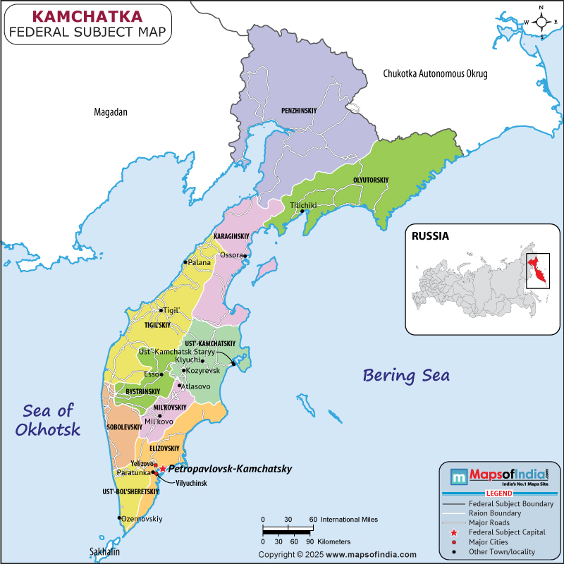 Kamchatka Krai map showing location, boundaries, major cities and geographical features of the Republic of Kamchatka Krai in Russia