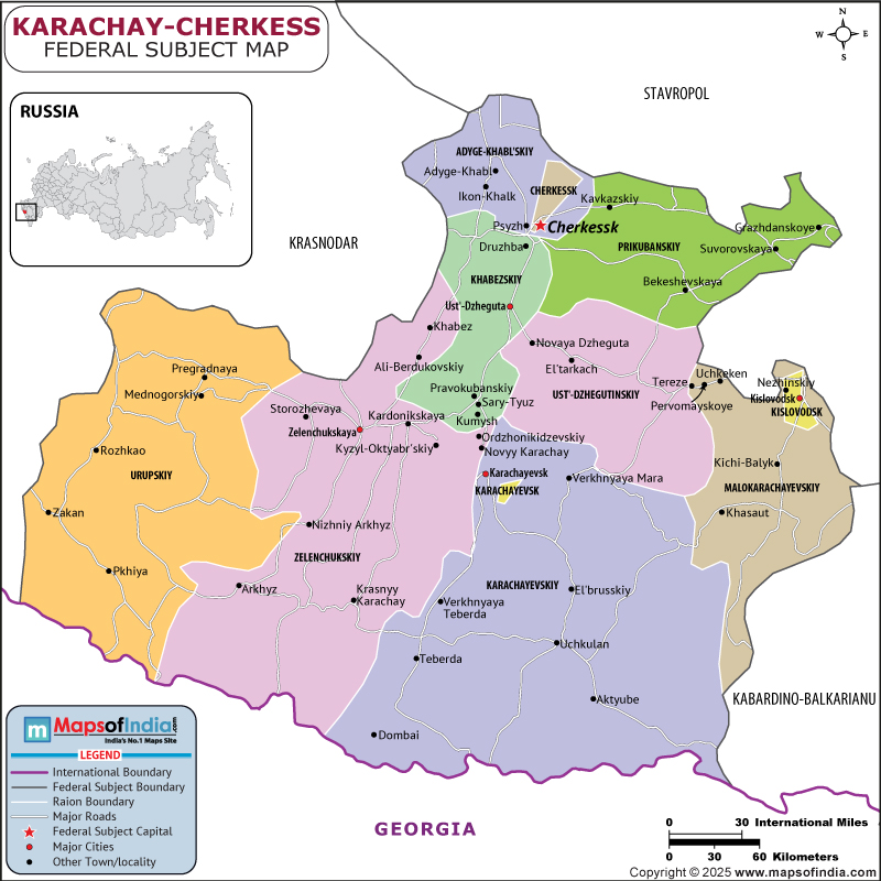 Karachay-Cherkess map showing location, boundaries, major cities and geographical features of the Republic of Karachay-Cherkess in Russia