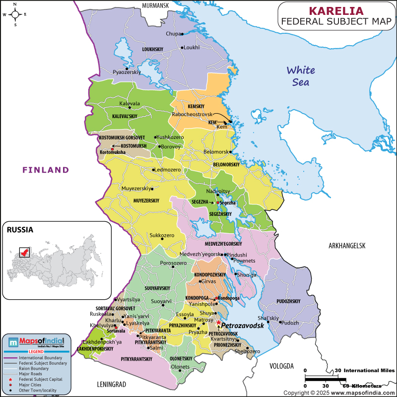 Karelia map showing location, boundaries, major cities and geographical features of the Republic of Karelia in Russia