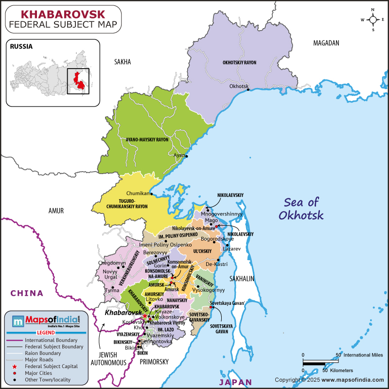 Khabarovsk Krai map showing location, boundaries, major cities and geographical features of the Republic of Khabarovsk Krai in Russia