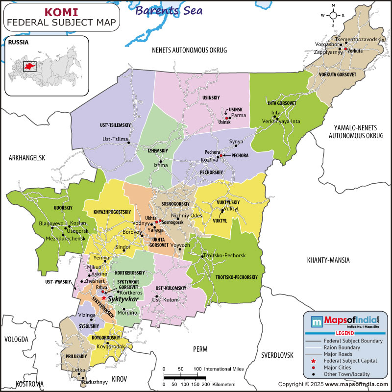 Komi map showing location, boundaries, major cities and geographical features of the Republic of Komi in Russia