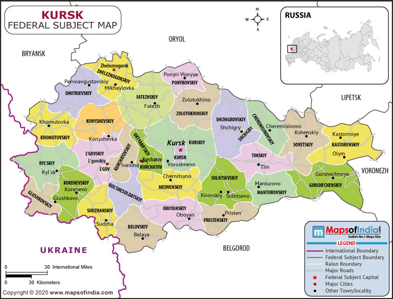 Kursk map showing location, boundaries, major cities and geographical features of the Republic of Kursk in Russia