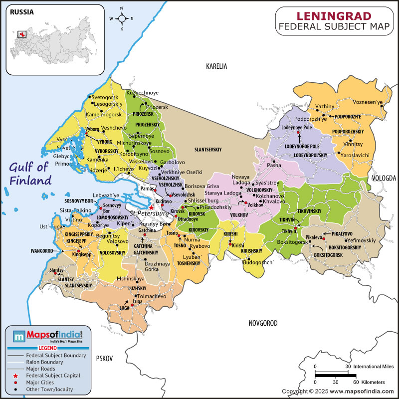 Leningrad map showing location, boundaries, major cities and geographical features of the Republic of Leningrad in Russia