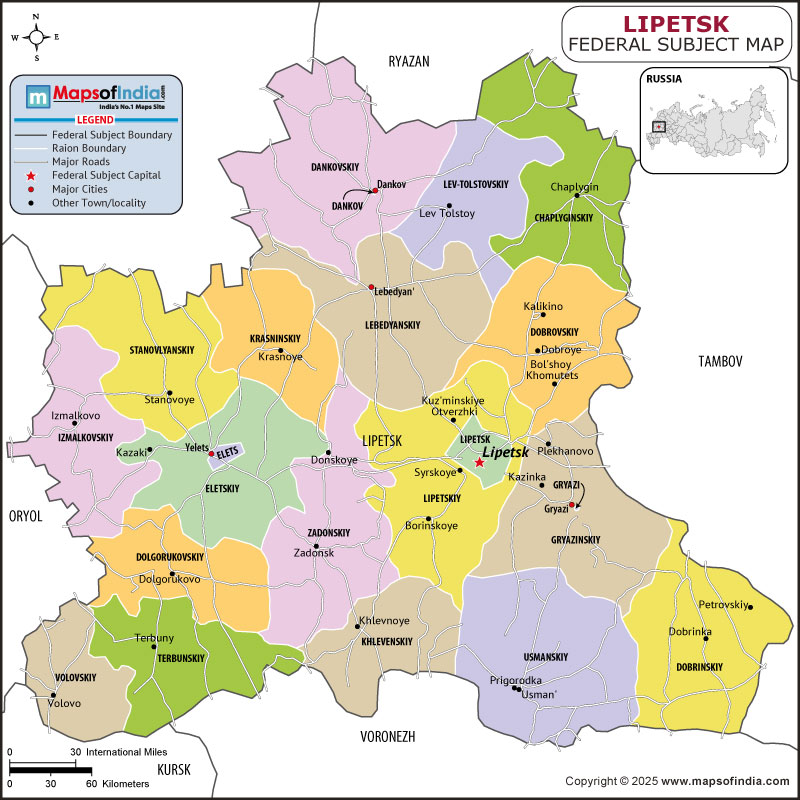Lipetsk map showing location, boundaries, major cities and geographical features of the Republic of Lipetsk in Russia