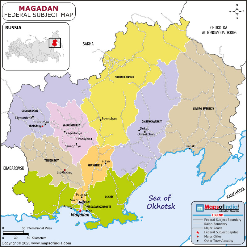 Magadan map showing location, boundaries, major cities and geographical features of the Republic of Magadan in Russia