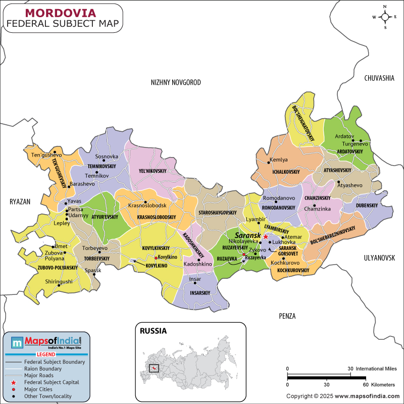 Mordovia map showing location, boundaries, major cities and geographical features of the Republic of Mordovia in Russia