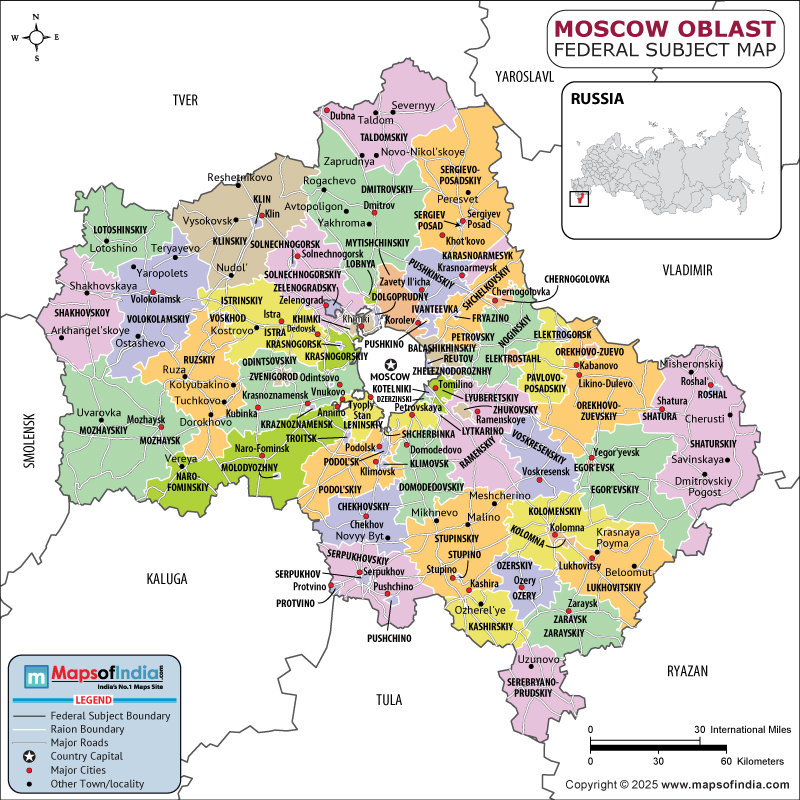 Moscow Oblast map showing location, boundaries, major cities and geographical features of the Republic of Moscow Oblast in Russia