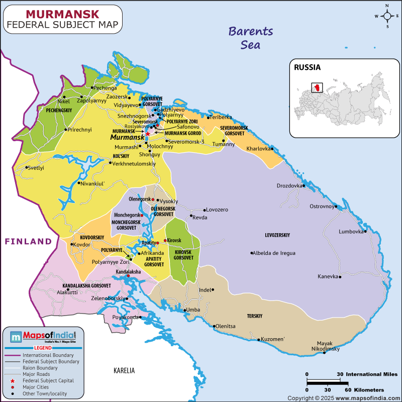 Murmansk map showing location, boundaries, major cities and geographical features of the Republic of Murmansk in Russia