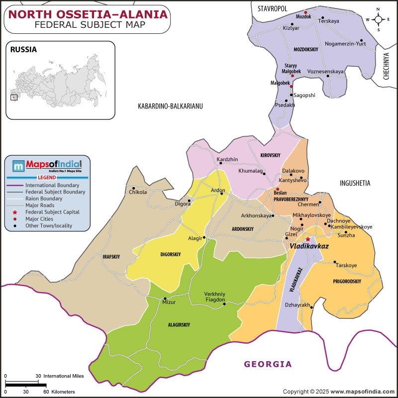 North Ossetia Alania map showing location, boundaries, major cities and geographical features of the Republic of North Ossetia Alania in Russia
