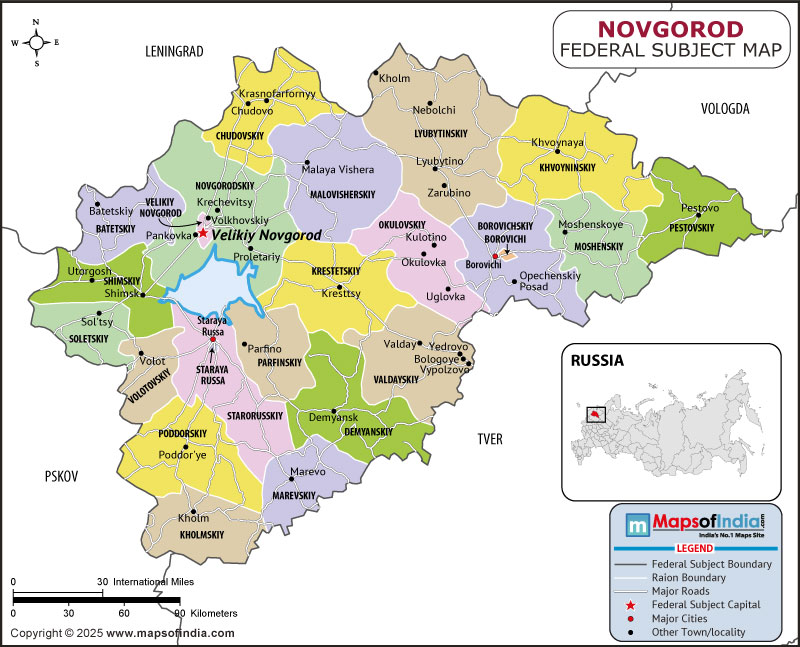 Novgorod map showing location, boundaries, major cities and geographical features of the Republic of Novgorod in Russia