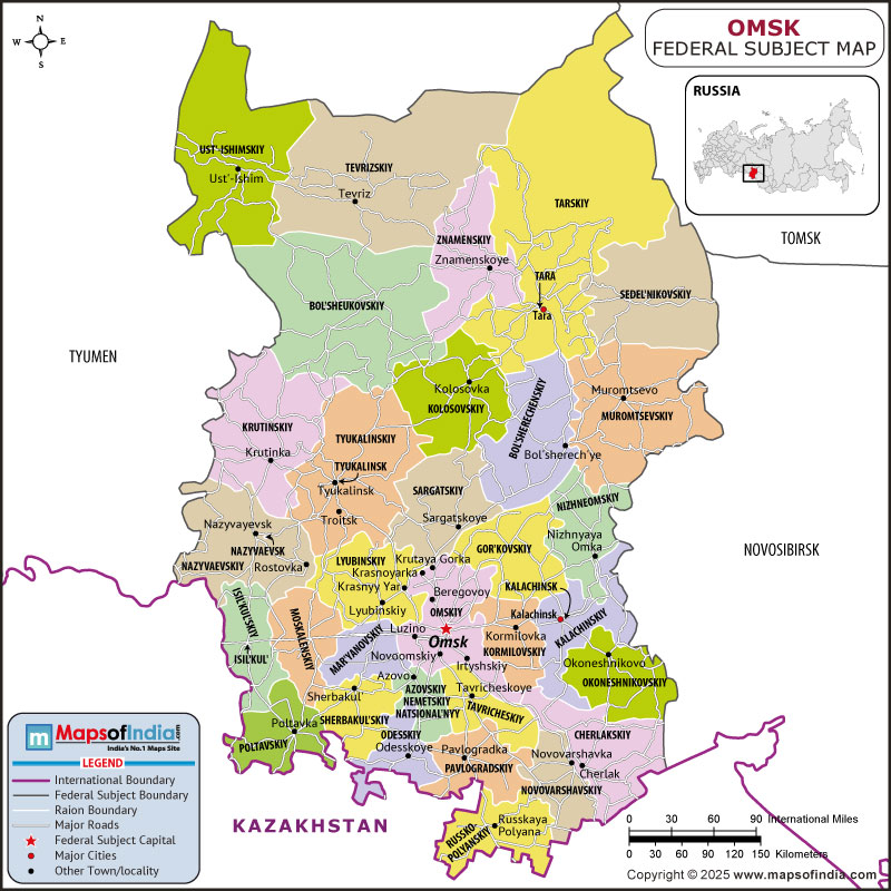 Omsk map showing location, boundaries, major cities and geographical features of the Republic of Omsk in Russia