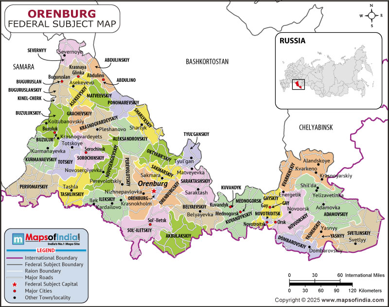 Orenburg map showing location, boundaries, major cities and geographical features of the Republic of Orenburg in Russia