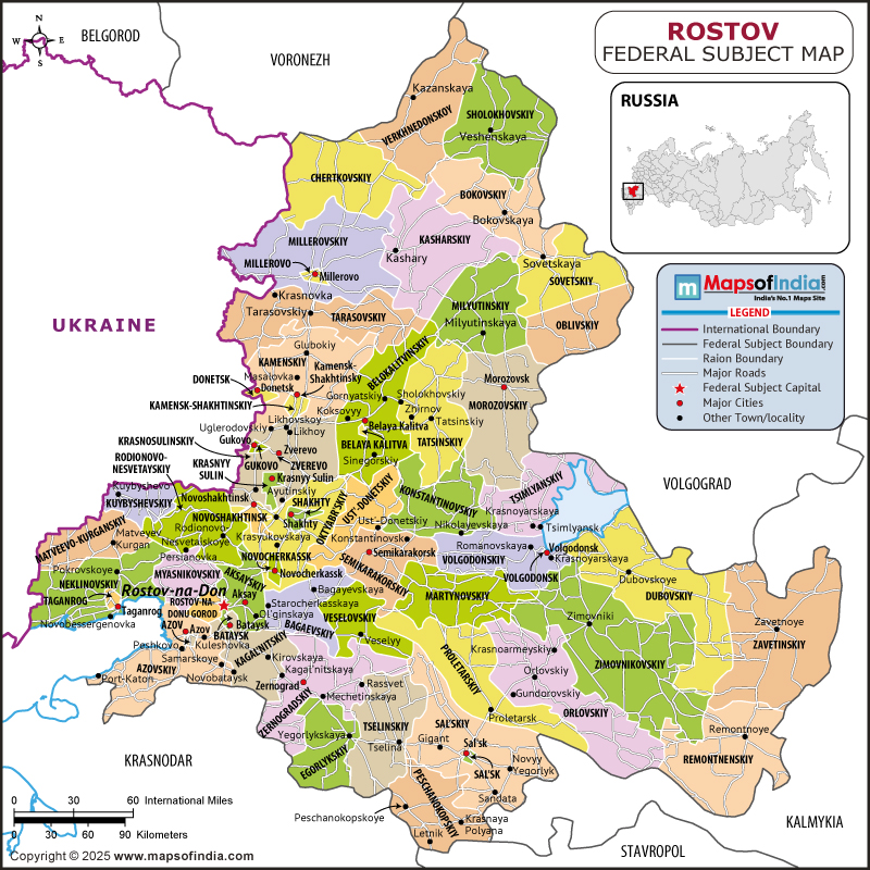 Rostov map showing location, boundaries, major cities and geographical features of the Republic of Rostov in Russia
