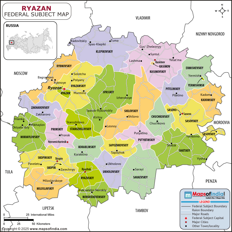 Ryazan map showing location, boundaries, major cities and geographical features of the Republic of Ryazan in Russia