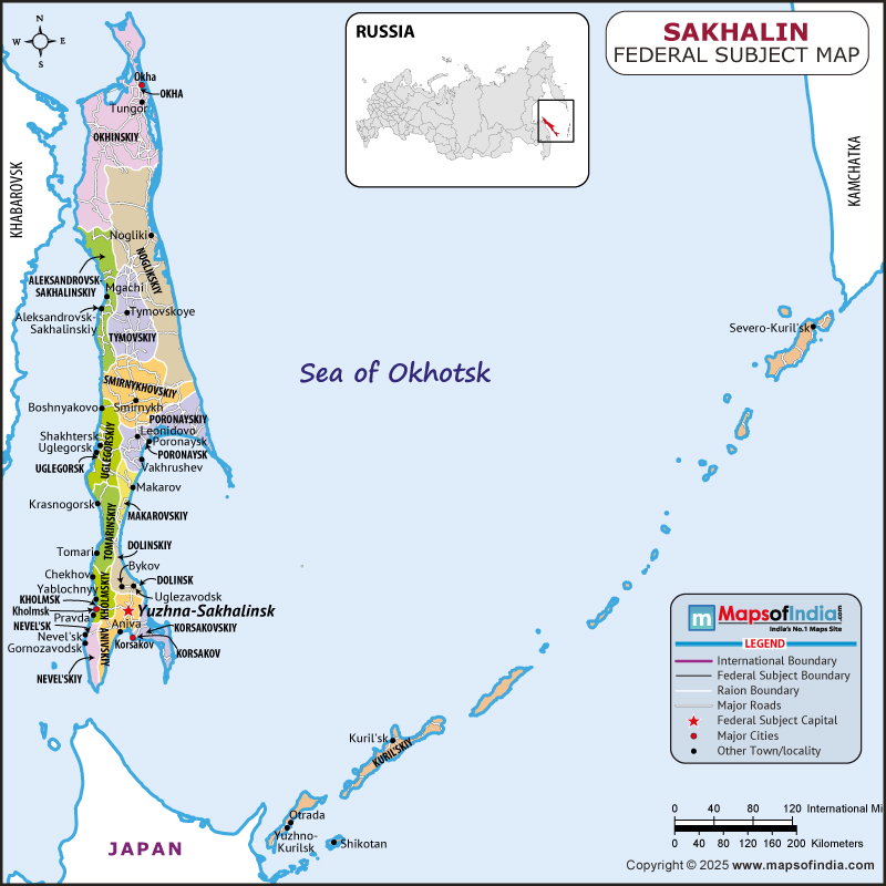 Sakhalin map showing location, boundaries, major cities and geographical features of the Republic of Sakhalin in Russia