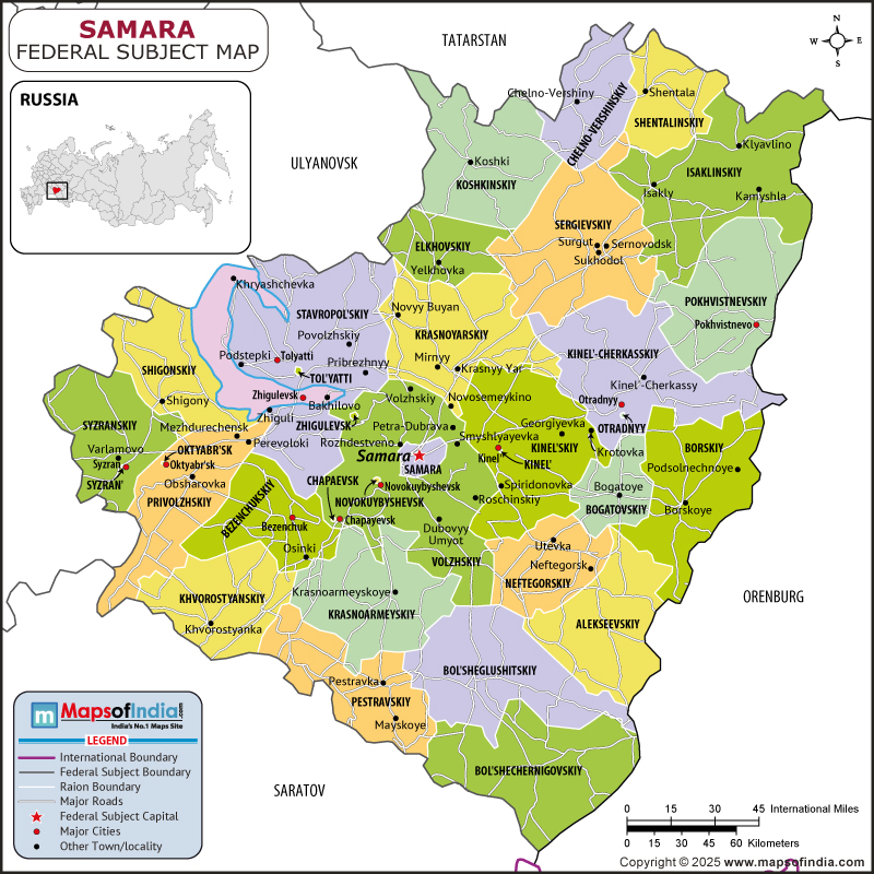 Samara map showing location, boundaries, major cities and geographical features of the Republic of Samara in Russia