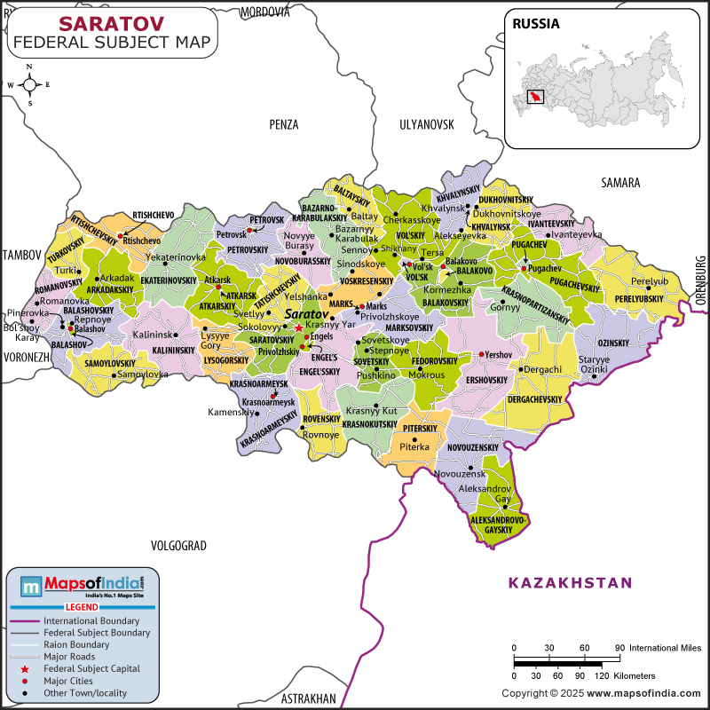 Saratov map showing location, boundaries, major cities and geographical features of the Republic of Saratov in Russia