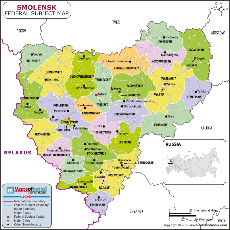 Smolensk map showing location, boundaries, major cities and geographical features of the Republic of Smolensk in Russia