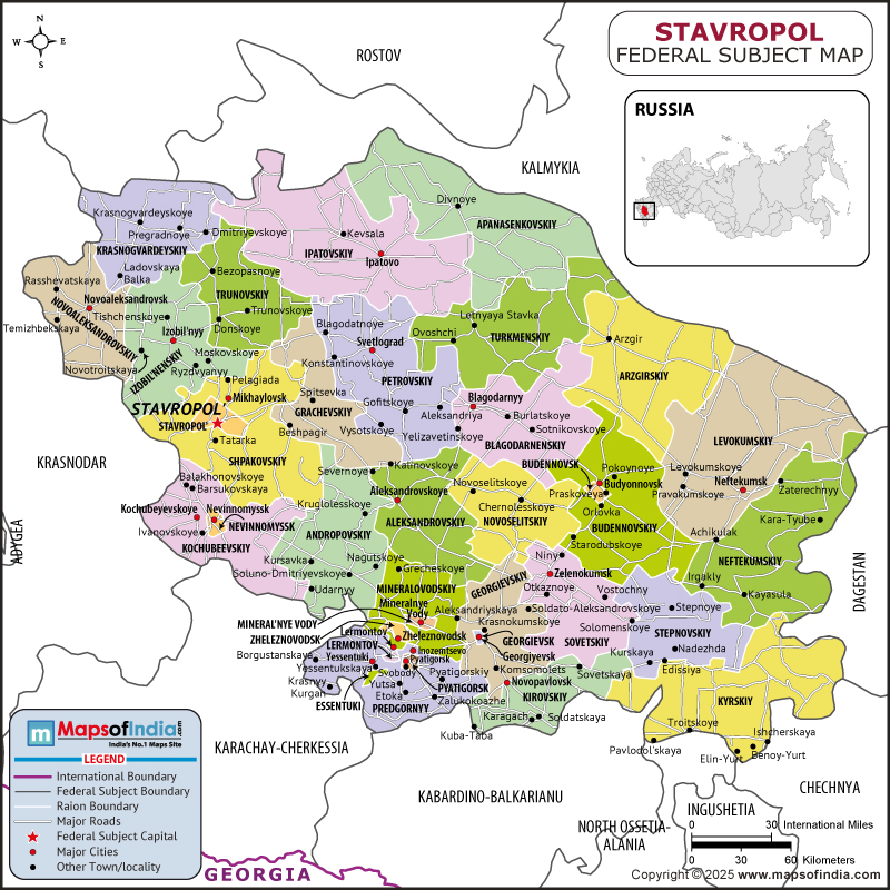 Stavropol map showing location, boundaries, major cities and geographical features of the Republic of Stavropol in Russia