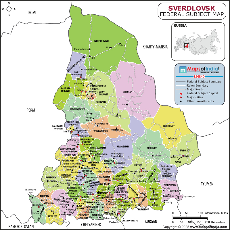 Sverdlovsk map showing location, boundaries, major cities and geographical features of the Republic of Sverdlovsk in Russia