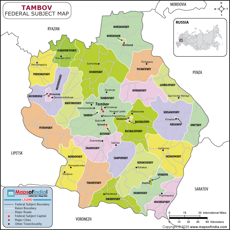 Tamblov map showing location, boundaries, major cities and geographical features of the Republic of Tamblov in Russia
