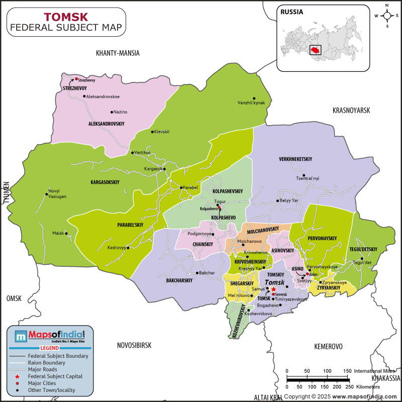 Tomsk Map | Location and Geography of Tomsk Russia Tomsk map showing location, boundaries, major cities and geographical features of the Republic of Tomsk in Russia