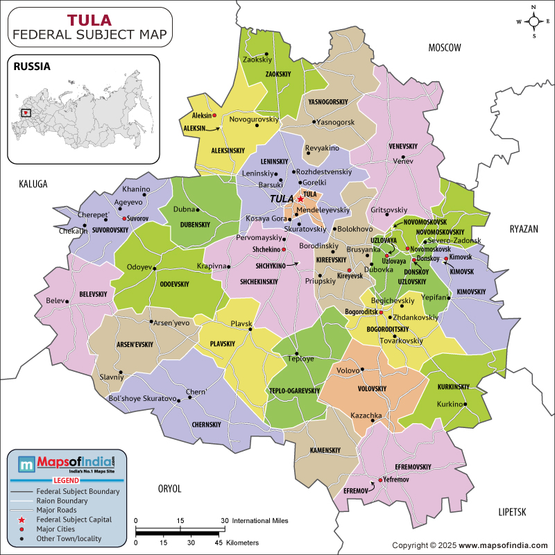 Tula map showing location, boundaries, major cities and geographical features of the Republic of Tula in Russia