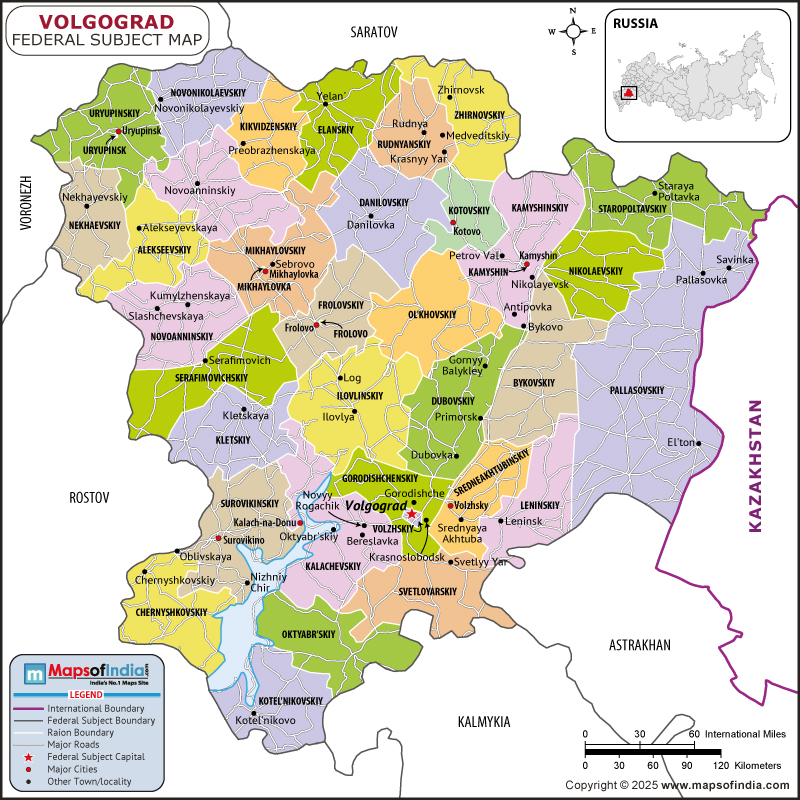 Volgograd Map | Location and Geography of Volgograd Russia Volgograd map showing location, boundaries, major cities and geographical features of the Republic of Volgograd in Russia