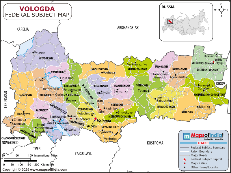 Vologda Map | Location and Geography of Vologda Russia Vologda map showing location, boundaries, major cities and geographical features of the Republic of Vologda in Russia