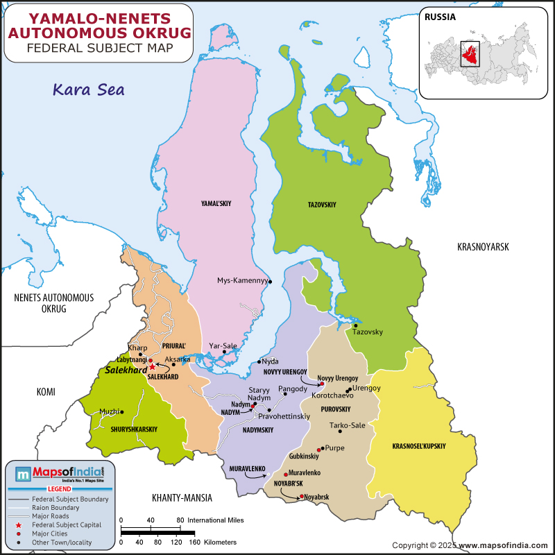 Yamalo-Nenets map showing location, boundaries, major cities and geographical features of the Republic of Yamalo-Nenets in Russia