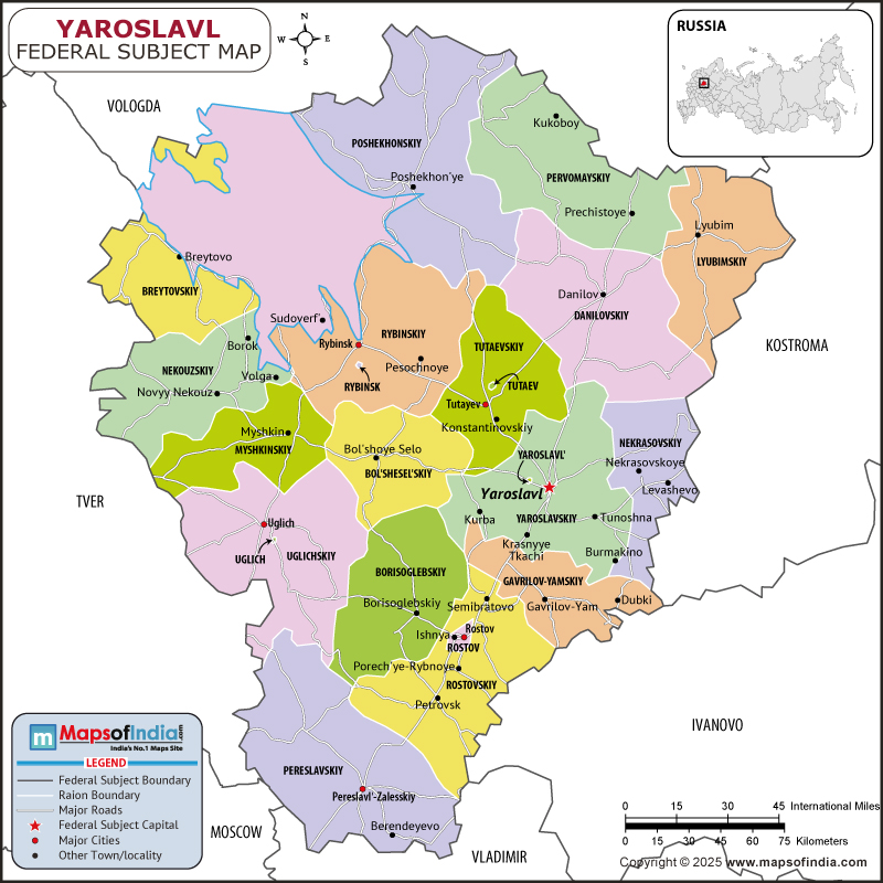 Yaroslavl map showing location, boundaries, major cities and geographical features of the Republic of Yaroslavl in Russia