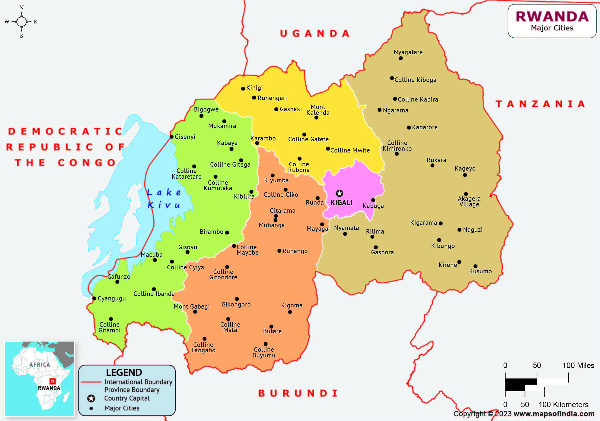 Rwanda Regions and Capital Map