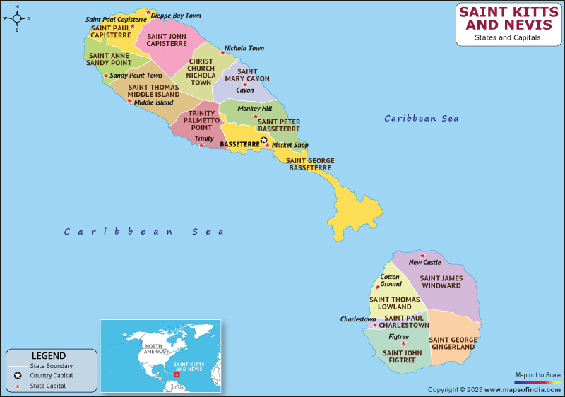 Saint Kitts and Nevis States  and Capital Map