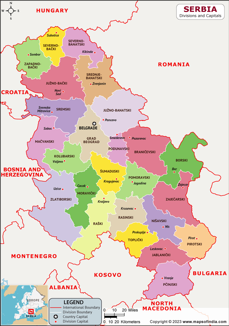 Serbia Regions  and Capital Map