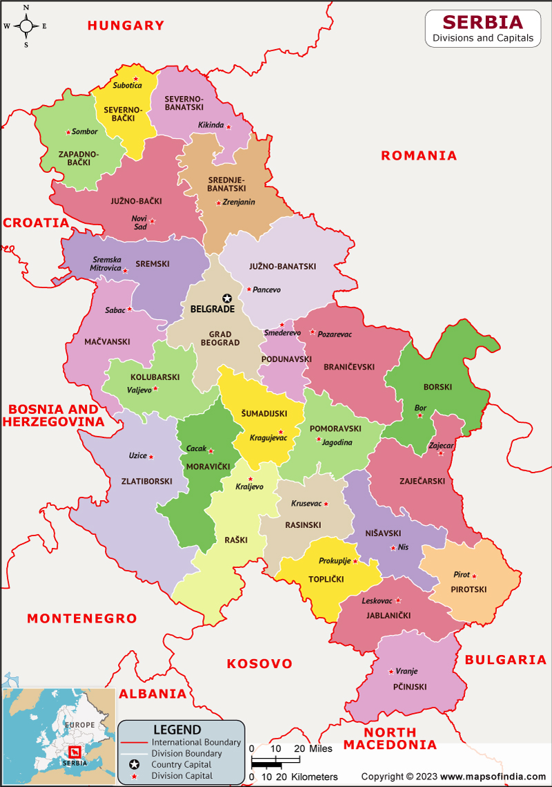 Serbia Regions  and Capital Map