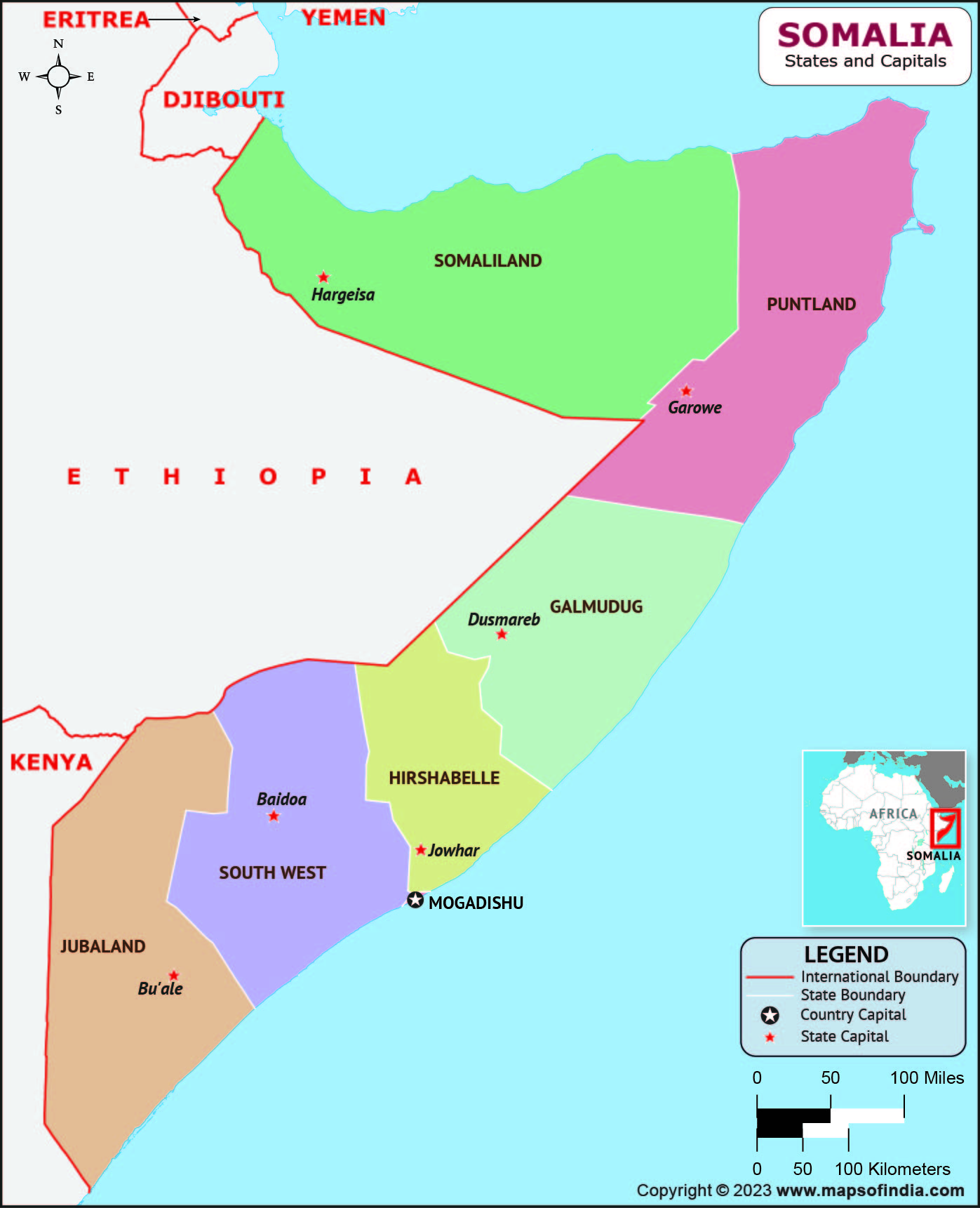 Somalia States and Capital Map