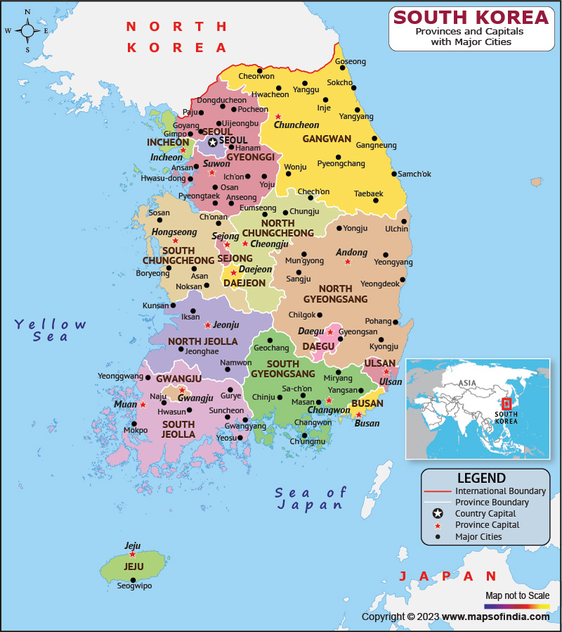 South Korea provinces and Capital Map