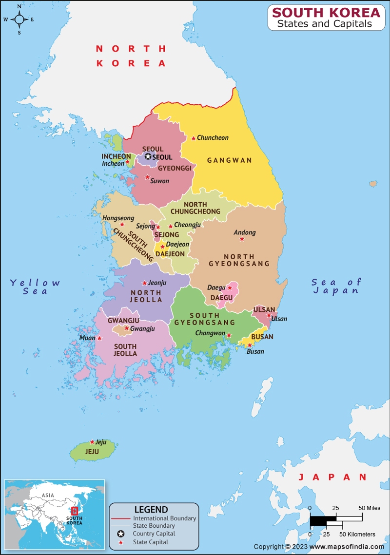 South Korea Regions  and Capital Map