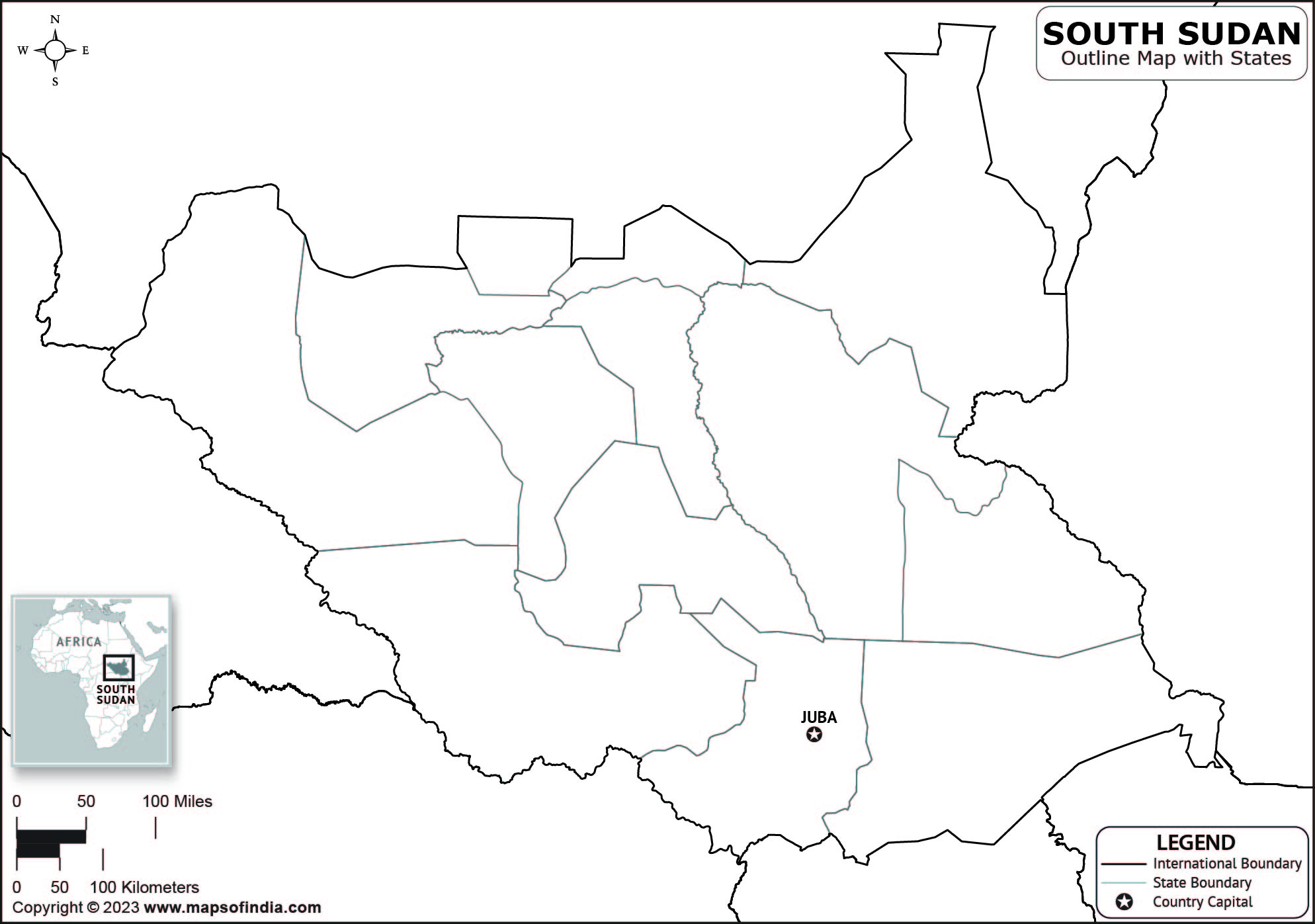 South Sudan Blank Outline Map