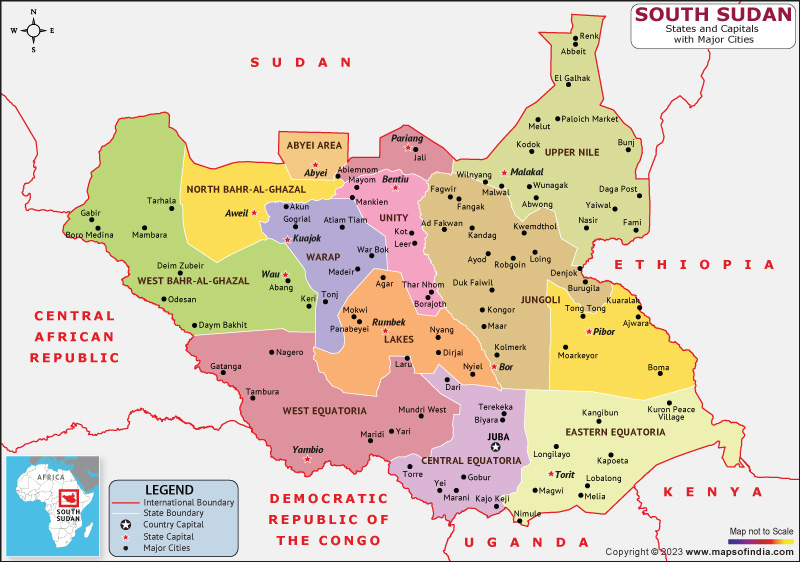 South Sudan States and Capital Map