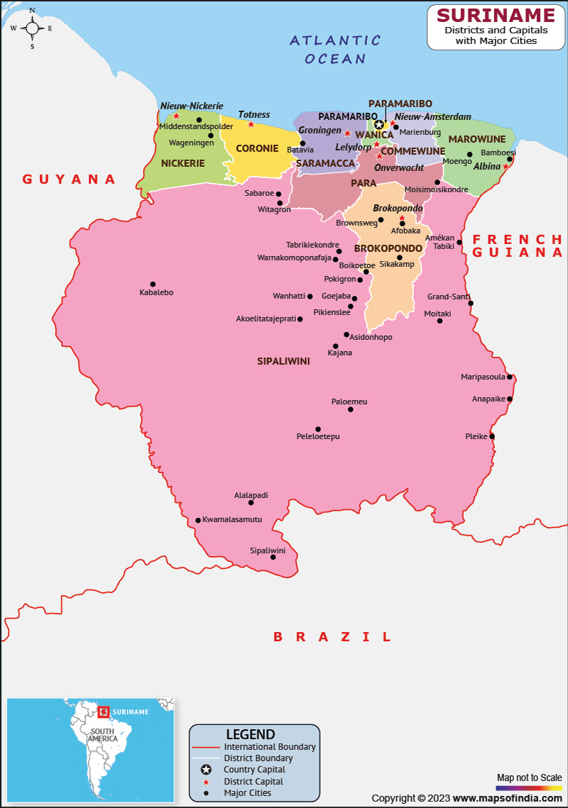 Suriname districts and Capital Map