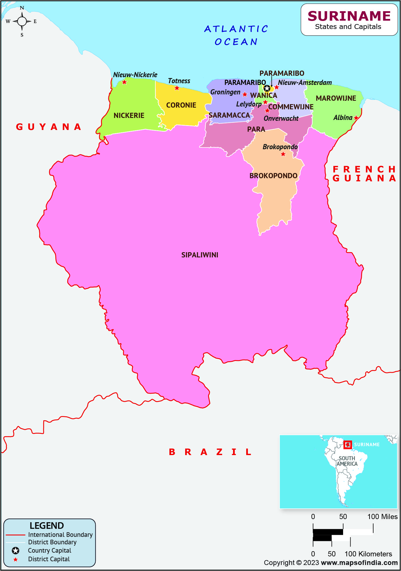 Suriname Districts  and Capital Map