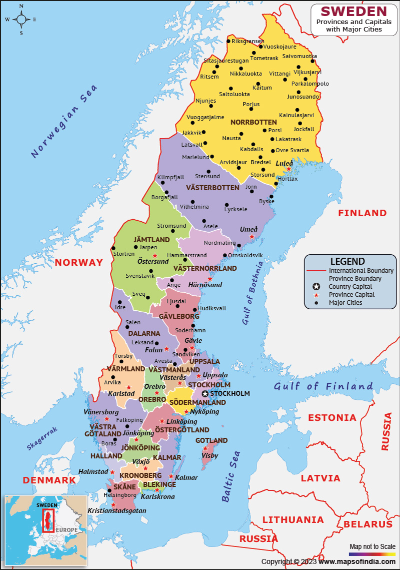 Sweden Provinces and Capital Map