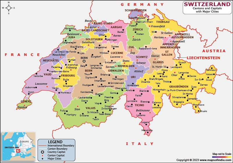 Switzerland Cantons and Capital Map