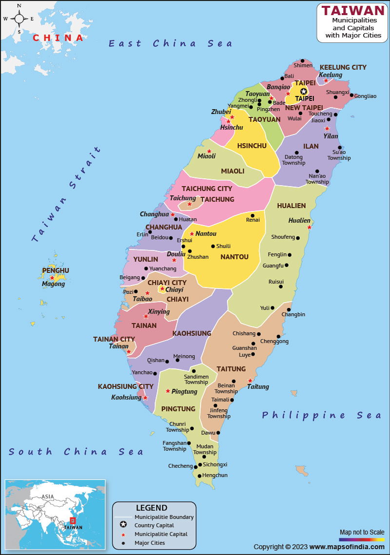 Taiwan Municipalities and Capital Map