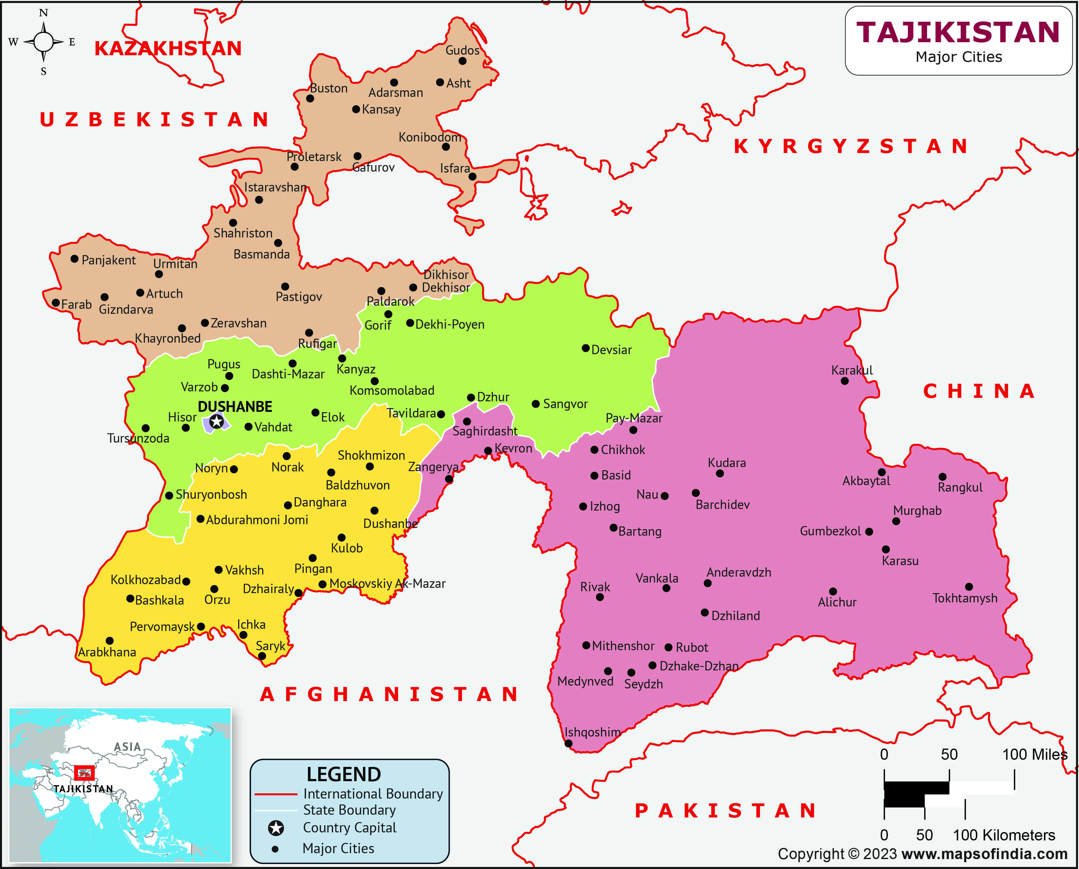 Tajikistan Major Cities Map