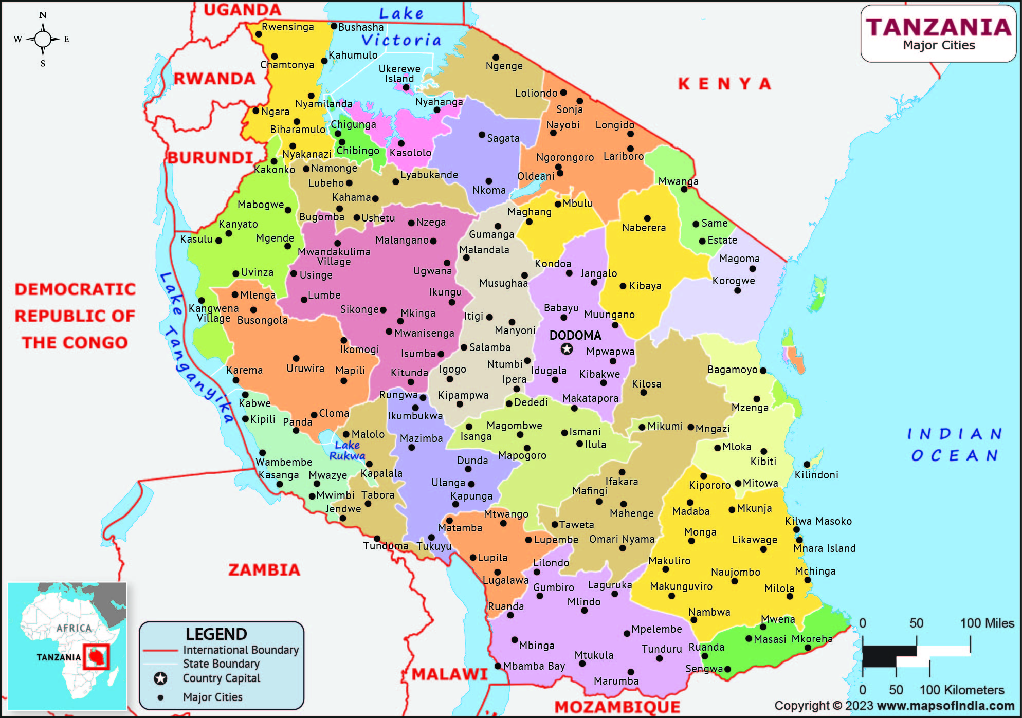 Tanzania Regions and Capital Map