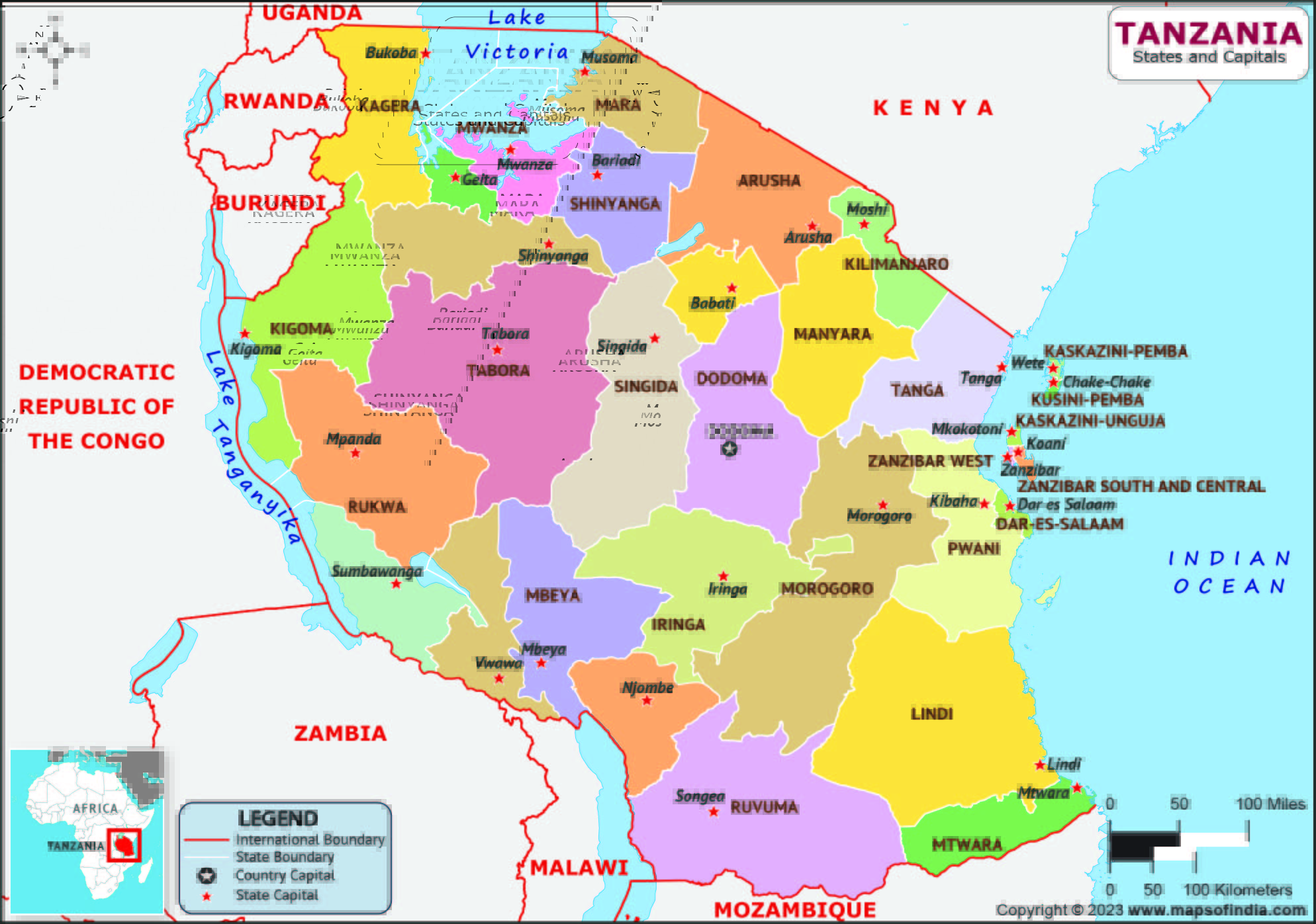Tanzania States and Capital Map